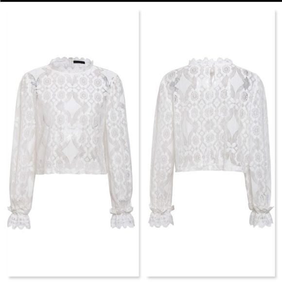 Restocking White Lace High Neck Long Sleeve Shirt - Picture 9 of 11